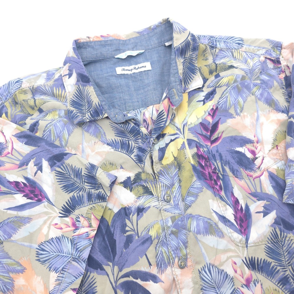 Tommy Bahama Mens XXL Tropical Floral Palm Print Tencel Cotton Shirt Blue Purple